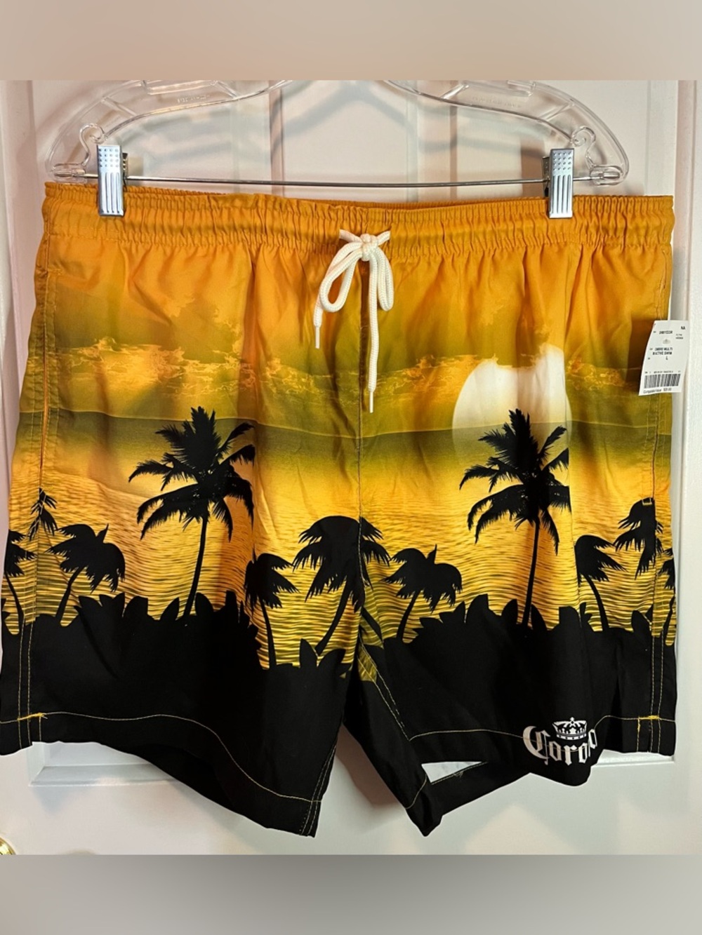 NWT Corona Sunset Palm Print Men's Swim Trunks - Yellow/Black Sz L